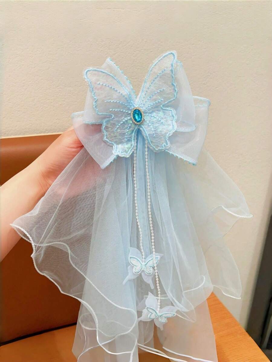 1个女童薄纱蝴蝶结发夹，公主面纱头饰，飘逸丝带马尾夹发饰 - 彩色 - 查看 1