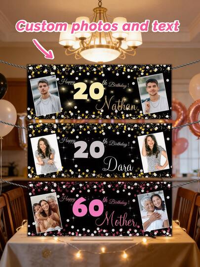 1pc Custom Photo & Text Birthday Banner,Personalized Happy Birthday Backdrop With Custom Name, Age & Photos, Pink & Gold Balloon Design Party Banner, Customizable Birthday Yard Sign, Outdoor/Indoor Birthday Party Decoration, Photo Booth Backdrop, Reusable Polyester Banner, Unique Birthday Keepsake For Girls