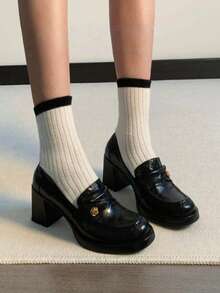 8厘米厚底厚底乐福鞋 | 复古软皮高跟鞋，英伦风一脚蹬皮鞋 - 黑色 - 查看 6