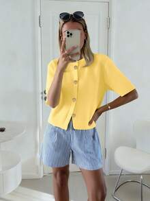 秋夏季女装时尚法式柔软蜡面高级感宽松针织开衫女士短款慵懒风毛衣上衣休闲 - 黃色 - 查看 2