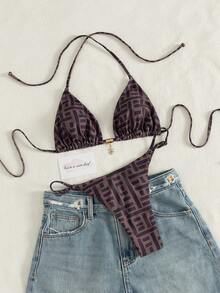 2026 经典款女士挂脖比基尼两件式泳衣，后背褶皱设计，侧边可调节，适合春夏海滩、泳池、音乐节、派对、约会度假等场合。 - 棕色 - 查看 4