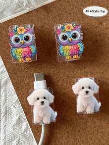 2/4/8pcs Cartoon Puppy & Owl Pattern Cable Protector, Cute & Fashionable Saver, Acrylic Material, Protect Charging Head, Earphone, Phone Cables From Breaking, Extend Data Cable Lifespan, Compatible With Android Type-C/Apple 20W Fast Charging Cable - Multicolor - View 2