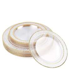 50/25/14/7/1pcs Transparent Hammered Double Gold Rim Plates, Transparent Bottom With Gold Rim, Elegant Dessert Plates, Pasta Plates, Pizza Plates, Cake Plates, Salad Plates, 7.5 Inch/10.25 Inch Sizes, Reusable And Easy To Clean, Suitable For Outdoor, Parties, Birthdays, Weddings And Holiday Gatherings - Clear - View 7