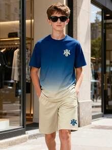 Bộ 2 món áo thun ngắn tay và quần short mùa hè cho bé trai/thiếu niên, áo thun in gradient phối quần short màu trơn tối giản, thoải mái cho du lịch ngoài trời, tụ tập hàng ngày, trang phục thanh niên - Màu xanh lam - Xem 5