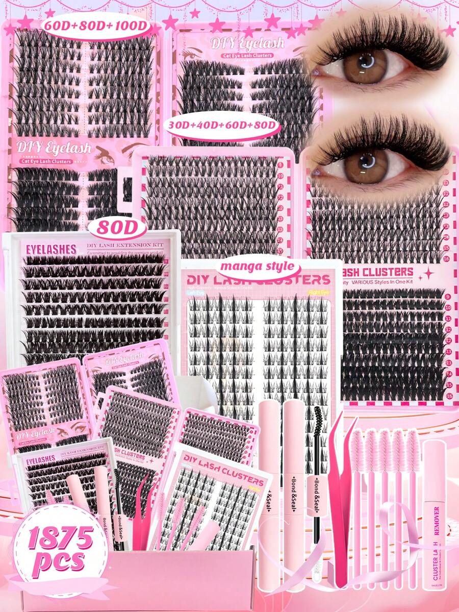 假睫毛礼盒套装，包含1875片假睫毛簇，9种不同款式（浓密/超浓密/戏剧/丰盈/全效/尖刺），防水睫毛簇套装，适合初学者和熟练用户，在家即可轻松佩戴，柔软舒适，易于打造自然妆容，日常妆容适用。