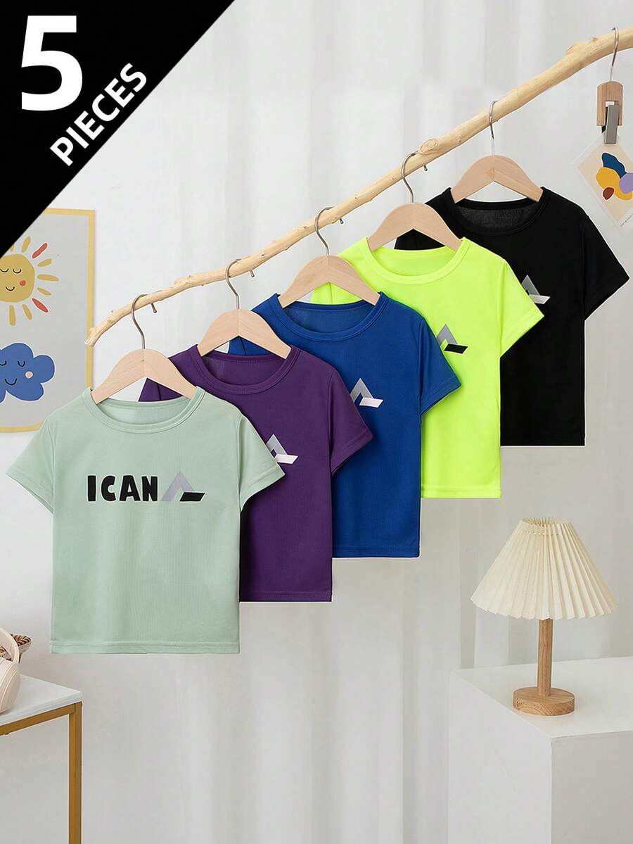 5件/套 男童短袖T恤，轻便户外运动休闲上衣，适合4-12岁男孩女孩，夏季 - 彩色 - 查看 1