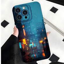 2026 nueva funda de teléfono esmerilada, funda de teléfono de ciudad cyberpunk, luces neón de noche, escena urbana para  17 15 Pro Max,  17 14 Pro,  17 13,  Galaxy S23 S22 S21, protector de teléfono, funda de pareja, regalo para novio, novia, día de San Valentín, regalo de cumpleaños - Azul Klein - Ver 4