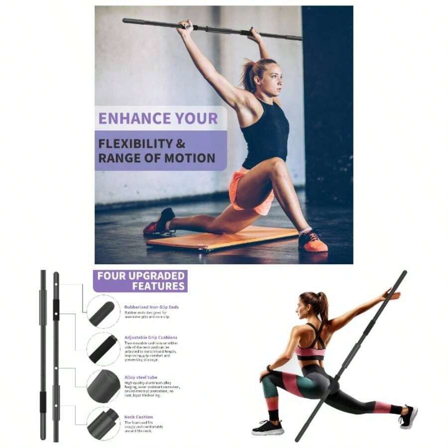 Yoga Stick 58 Inch Sturdy Alloy Steel - Adjustable Stick Exercise, Stretching, Balance - Versatile Exercise Stick With Non - Slip Ends, Neck Cushion And Adjustable Grip Cushions - Initial - View 1