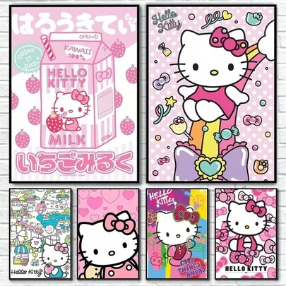 SANRIO 1pc Frameless Cute Pink Hello Kitty Poster, Waterproof And Moisture-Proof, Can Be Pasted On Walls, Suitable For Home, Living Room, Bedroom, Bar And Other Spaces, Decorative