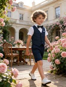 3 件男童休闲绅士西装套装：纯色背心 + 短裤 + 领结，夏季