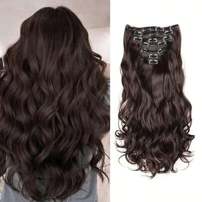 7pcs/Set 16 Clips 24 Inch Long Curly Synthetic Wig Heat Resistant Hair Clips, Ombre Black Brown Golden Color For Women