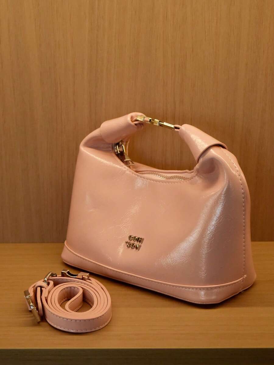 New Fashion Solid Color Clown PU Waterproof Handbag, Letter Graphic Decor, Zipper Closure, Square Tote Bag, Burgundy Handbag, Pendant Decor, Adjustable Shoulder Strap, Suitable For Shopping - Baby Pink - View 1