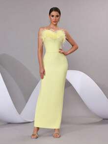 Modphy 仿羽毛性感无肩带露背紧身绷带长裙，优雅女士正式晚礼服，适合婚礼、派对、伴娘等场合，春季款 - 黃色 - 查看 1