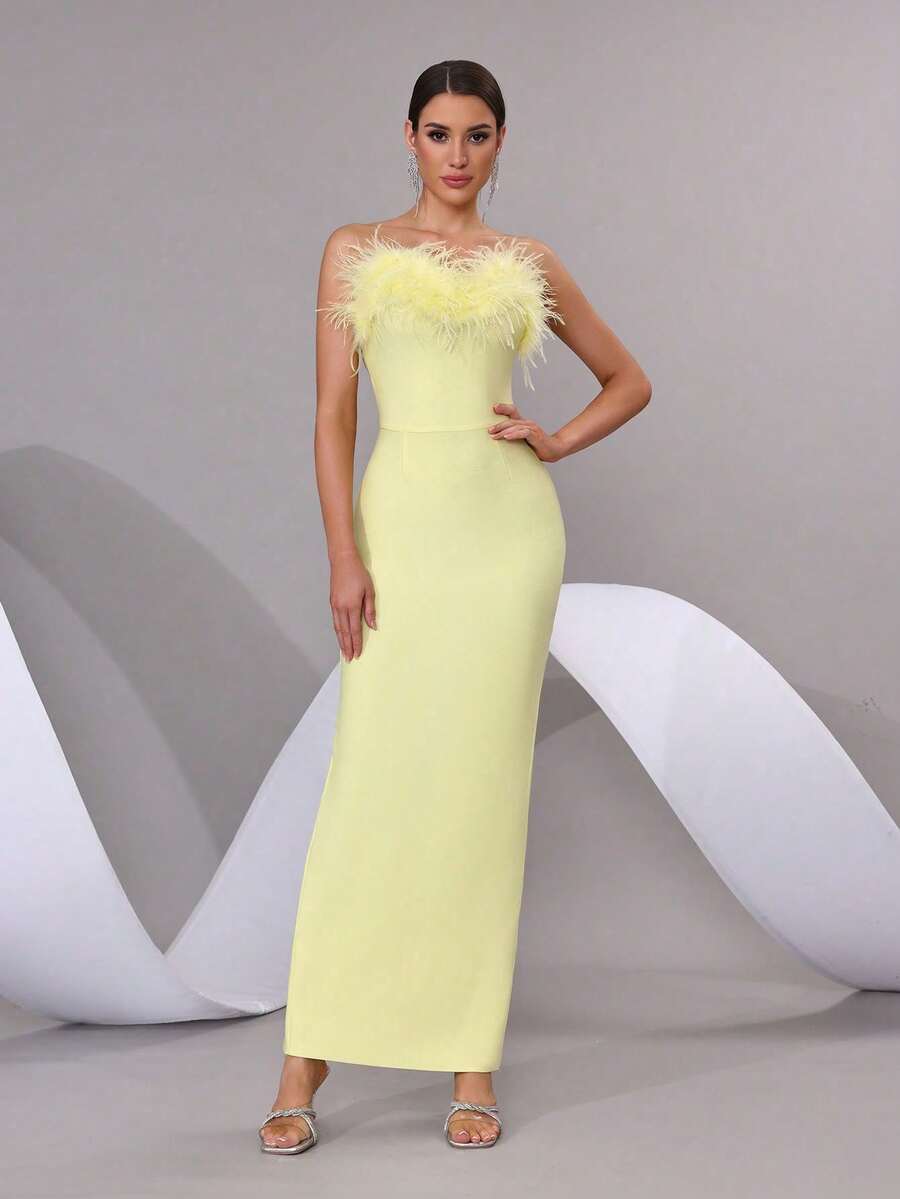 Modphy 仿羽毛性感无肩带露背紧身绷带长裙，优雅女士正式晚礼服，适合婚礼、派对、伴娘等场合，春季款 - 黃色 - 查看 1