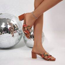 女士热带印花套脚高跟凉鞋，方头，沙滩装，春夏秋季 - 棕色 - 查看 4