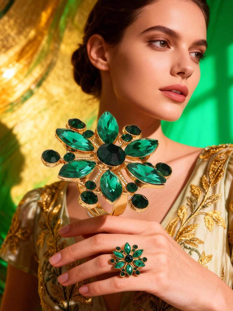 1枚时尚花朵几何开口戒指，适合女士日常及居家佩戴 - 彩色 - 查看 1