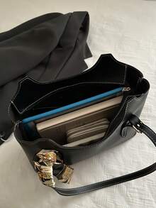 新款时尚高端图案多功能女士单肩包，便携大容量手提包，纯色单肩手提包，适合约会、购物、工作、通勤等场合。 - 黑色 - 查看 6