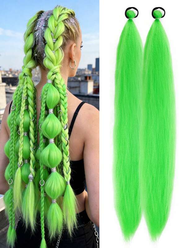 1-2pcs 26 Inch Green Striped DIY Braiding Hair Extensions | Women Synthetic Yaki Straight Heat Resistant Fluffy Ponytail | Suitable For Halloween, Christmas, Holiday Parties