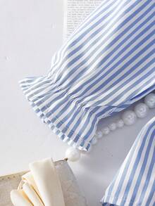 2pcs Baby Girls Striped Patchwork Crew Neck Long Sleeve Top And Denim Long Pants Outfit, Fashionable And Versatile For Outings - Royal Blue - View 5