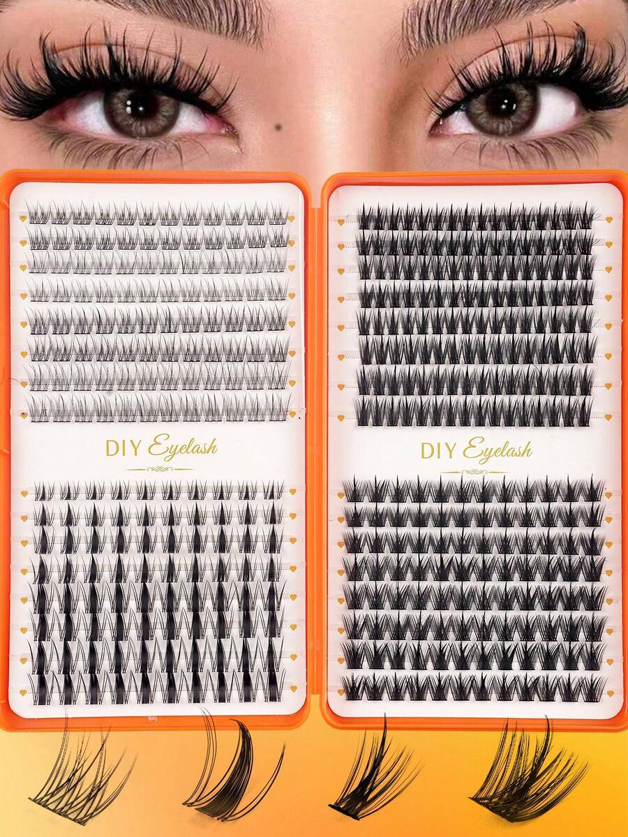400pcs D-Curl Fluffy False Eyelashes Set, High Volume Artificial Lashes Kit, DIY A/B/C/D 10-16mm Lashes, Suitable For Beginners, Daily DIY Makeup, Lightweight & Reusable, Suitable For Travel & Occasions, Cluster Lashes, Individual Lashes, False Eyelashes, Artificial Lashes - Màu Cam cháy - Xem 1
