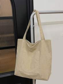 Solid Color Men's One Shoulder Tote Bag, Versatile Shopping Bag, Striped Large Capacity Canvas Bag - Beige - View 4