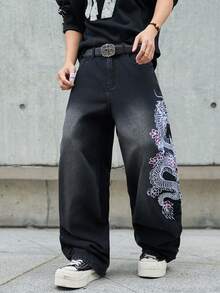 Hearty Haven 男士美式街头风刺绣阔腿牛仔裤，水洗休闲学院风宽松牛仔裤，四季皆宜，街头时尚（不含腰带或配饰） - 黑色 - 查看 4