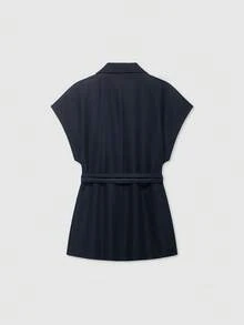 Women's Solid Color Lapel Neck Tie Blended Jacket Spring - Navy Blue - View 2