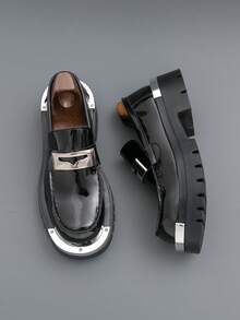 Men's Round Toe Thick Sole Derby Shoes, Fashion Loafers, Glossy Slip-On Casual Retro Dress Shoes For Men - Black - View 2