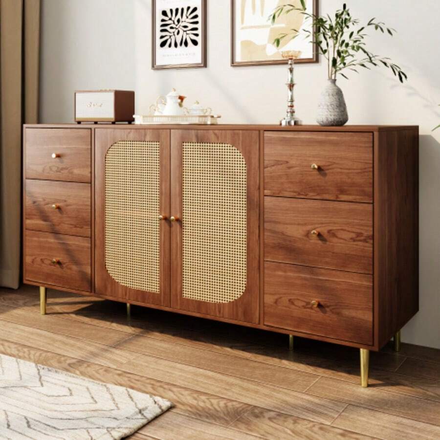 Sideboard, Rattan Sideboard, Storage Cabinet With Drawer, Freestanding Wooden Cabinet, Kitchen, Home, Living Room, Brown, 160 X 40 X 90 Cm - Redwood - View 1
