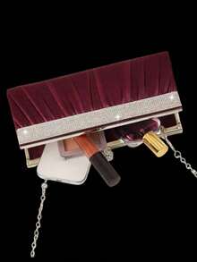 闪亮水钻晚宴手拿包，奢华新款女士派对和舞会包，迷人的水钻搭扣单肩包，搭配闪亮水钻三件套：项链、耳环和手链，非常适合派对、晚宴、舞会和婚礼。 - 酒紅色 - 查看 7