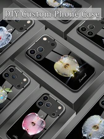 1 pezzo Custodia personalizzata per telefono con motivo a mela sfumata in cristallo, personalizzazione del nome fai-da-te, retro in vetro temperato + bordi morbidi in TPU, resistente agli urti e ai graffi, compatibile con 17 Pro Max/16 Pro Max/15 Pro/14 Plus/13 Pro/12 Pro Max/11/Xs Max/8/7/6 Plus, S24 Ultra/S25 Ultra, Redmi/
