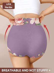 MIOTAN 4 chiếc quần lót nữ cỡ lớn cạp cao, mềm mại và thoải mái, in họa tiết, thích hợp mặc hàng ngày. - Nhiều màu - Xem 3