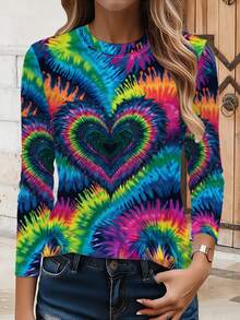 Women's Multicolor Tie-Dye Heart Print Long Sleeve T-Shirt - All-Over  Pattern With Blue Pink Green Yellow Orange Red White Black, Round Neck Casual Spring/Fall Top For Valentine's Day & Casual Attire, Fall Outfit, Spring Fashion, Colorful Design, Breathable Material, Machine Washable, Printed Blouse, Women, Gift Seekers   Ideal For Everyday Wear, Casual Layering, And Comfort, This Relaxed Shirt Is A Versatile Holiday Top Suitable For Camping Or Hiking, Designed For Year-Round Casual Dressing - Mixed Color - 查看 7