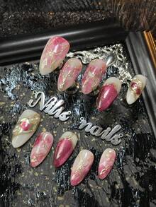 Bộ 10 miếng dán móng tay acrylic thủ công, hình hạnh nhân, hồng trắng, mắt mèo hồng, họa tiết nhuộm tie-dye hồng, trang trí móng tay giả ngọc trai 3D, nghệ thuật móng tay bột chrome hình học, bộ dụng cụ làm móng phong cách Y2K, dụng cụ làm móng acrylic phù hợp cho phụ nữ và bé gái dùng trong các dịp lễ, hàng ngày, tụ họp, tiệc tùng. Bao gồm 1 dũa móng tay mini và 1 miếng dán móng tay hai mặt. - Hồng - Xem 3