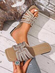 2026夏季新款平底女凉鞋、女士拖鞋、水钻女凉鞋、沙滩度假女拖鞋、百搭休闲女鞋、大学生女凉鞋、户外女拖鞋 - 卡其色 - 查看 2