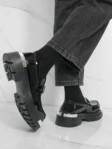 Men's Round Toe Thick Sole Derby Shoes, Fashion Loafers, Glossy Slip-On Casual Retro Dress Shoes For Men - Black - View 5