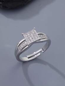 1 pieza Anillo cuadrado de circonita cúbica de dos tonos de moda para mujer, banda ajustable abierta. Adecuado para uso diario de joyería, boda, compromiso, anillos de pareja, regalo, celebración del Ramadán, regalo de Eid Al-Fitr - Anillo cuadrado - Ver 7