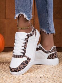 女士轻便系带低帮运动鞋 - 豹纹点缀休闲鞋，简约设计，适合跑步、步行和日常穿着，四季皆宜，时尚百搭的学生运动鞋 - 滑板鞋 - 训练鞋 - 棕色 - 查看 10