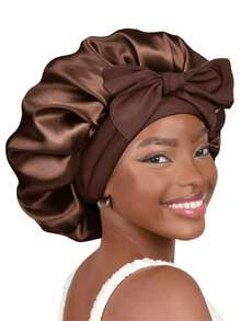 1 pièce Bonnet de nuit élastique léger en satin avec nœud papillon, bonnet de douche de couleur unie pour femmes et filles, noir, chapeau de sommeil en soie - Prune - Voir 4
