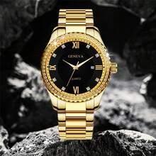 奢华全镶钻石英表，带月相显示和计时功能，节日送礼佳品 - 金色 - 查看 5