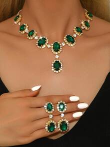 3pcs/Set Elegant Bridal Women's Fashion Crystal Necklace Set, Sexy Jewelry Set, Suitable For Banquet, Ball, Party - Red 80866703 - View 22