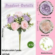 2/4/8/12 Packs Peonies Artificial Flowers, Mixed Pink Artificial Peonies, Silk Peonies Flowers Fake Peonies Artificial Flowers Peonies Bouquet For Centerpiece Table Wedding Party Home Decor - 紫丁香色 - 查看 2