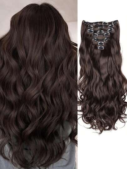 7 Piece Set 16 Clips Synthetic 24 Inch Long Curly Hair Wig Heat Resistant Hair Clip Gradient Black Brown Gold Ladies