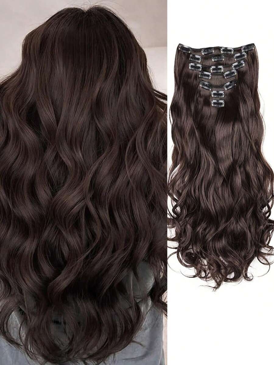 7pcs/Set 16 Clips 24 Inch Long Curly Synthetic Wig Heat Resistant Hair Clips, Ombre Black Brown Golden Color For Women