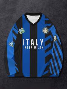 Áo thun dài tay in chữ và số dáng rộng dành cho nam cỡ lớn, thoải mái và nhẹ, phong cách thường ngày sinh viên/đường phố, phù hợp cho mùa xuân, hè và thu. - Màu xanh lam - Xem 1