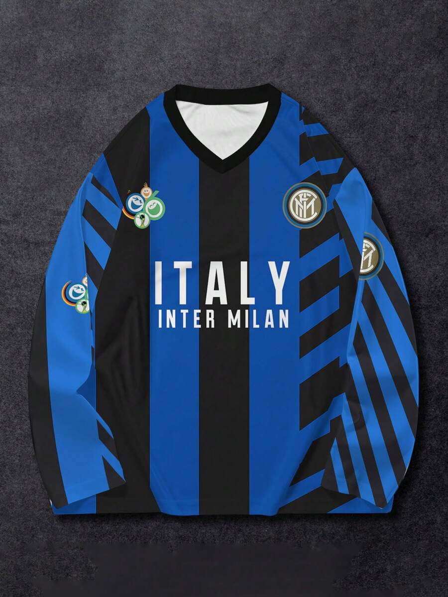 Áo thun dài tay in chữ và số dáng rộng dành cho nam cỡ lớn, thoải mái và nhẹ, phong cách thường ngày sinh viên/đường phố, phù hợp cho mùa xuân, hè và thu. - Màu xanh lam - Xem 1