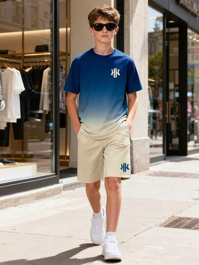 2pcs/Set Teenage Boys' Summer Gradient Print Short Sleeve T-Shirt And Solid Color Casual Shorts, Comfortable And Fashionable Outfit For Outdoor, Daily Gathering