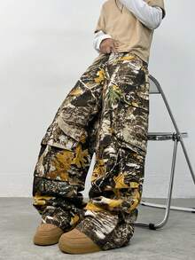 1pc Justice Brother Retro Multi-Pocket Personalized Print Men's Distressed Loose Wide-Leg Jeans (Belt And Accessories Not Included) - Multicolor - View 1