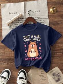 少女休闲粉色印花圆领短袖T恤，夏季上衣 - 藏蓝色 - 查看 4