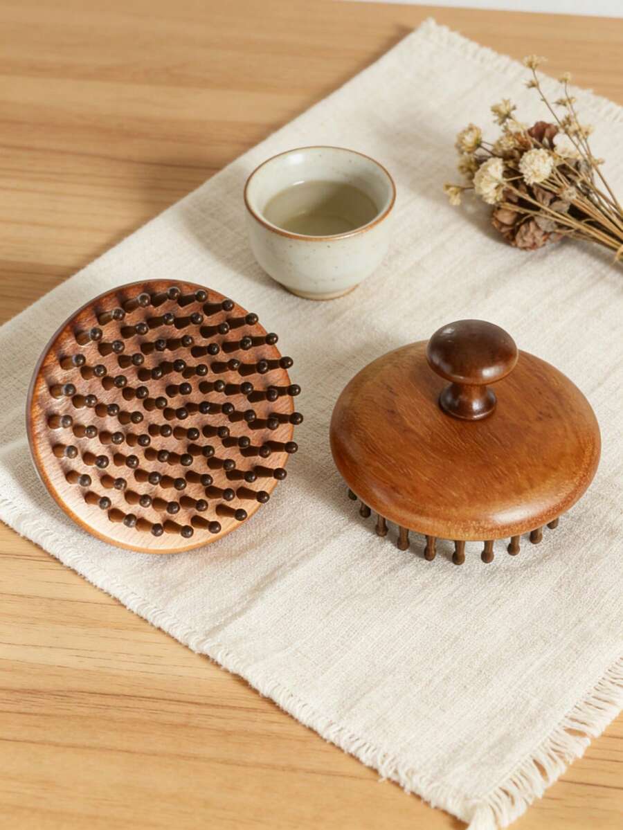1pc Sandalwood Material Round Head Massage Comb, 79 Teeth, Static-Free, Suitable For Straight Hair, Unisex - Multicolor - View 1